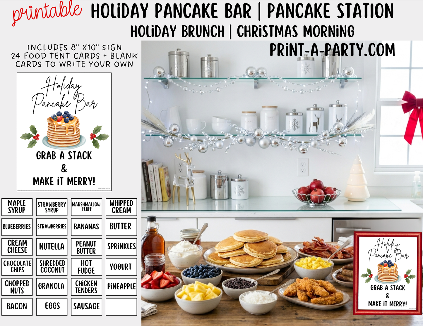Pancake Bar Sign (8x10) + Topping Tent Cards - Printable Christmas Holiday Brunch Buffet Decor