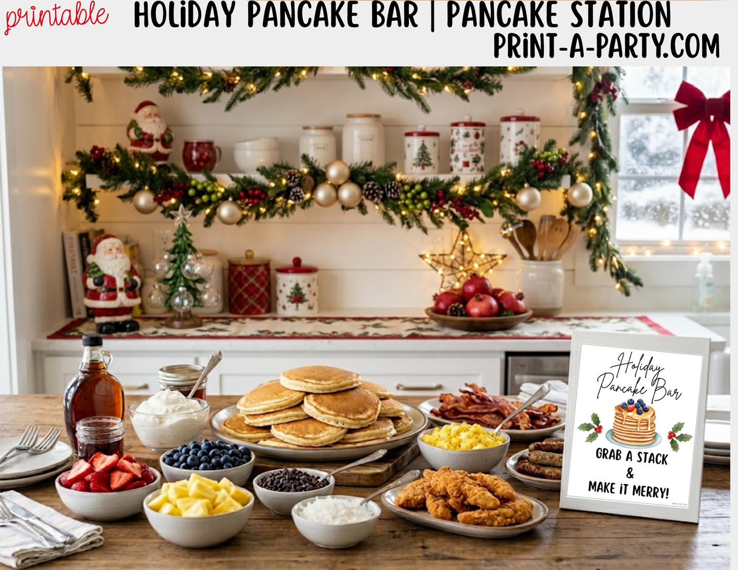 Pancake Bar Sign (8x10) + Topping Tent Cards - Printable Christmas Holiday Brunch Buffet Decor
