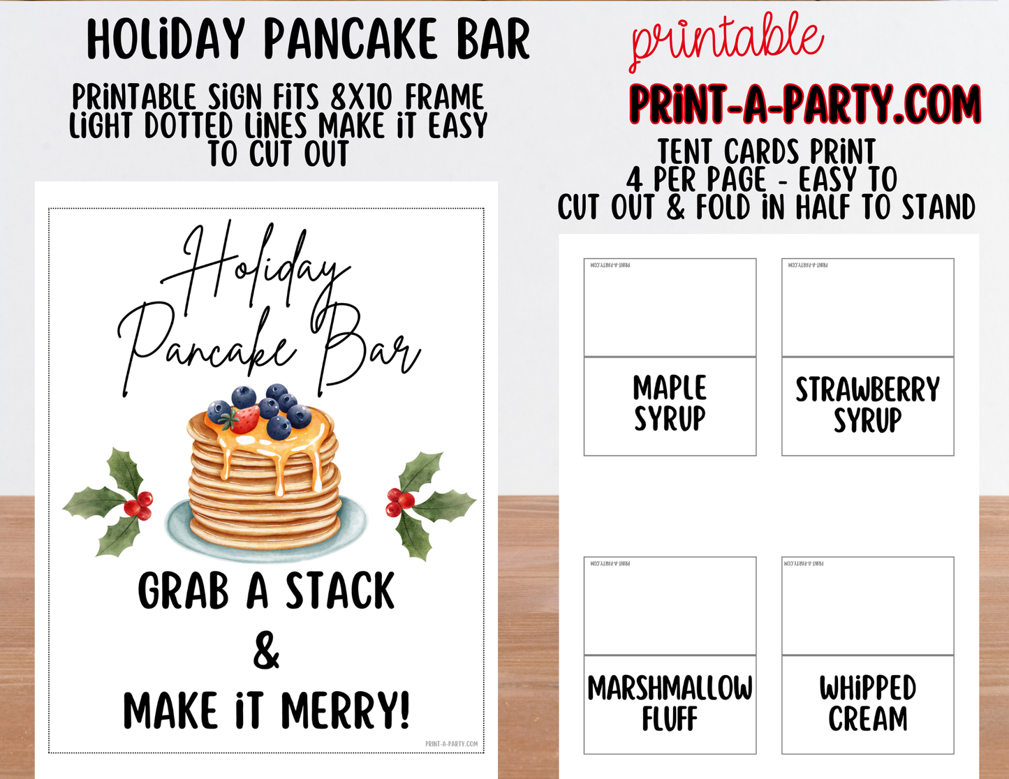 Pancake Bar Sign (8x10) + Topping Tent Cards - Printable Christmas Holiday Brunch Buffet Decor