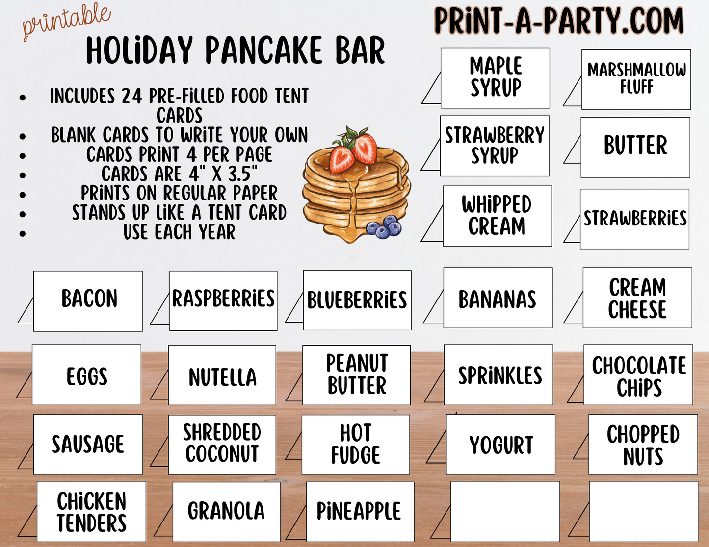 Pancake Bar Sign (8x10) + Topping Tent Cards - Printable Christmas Holiday Brunch Buffet Decor