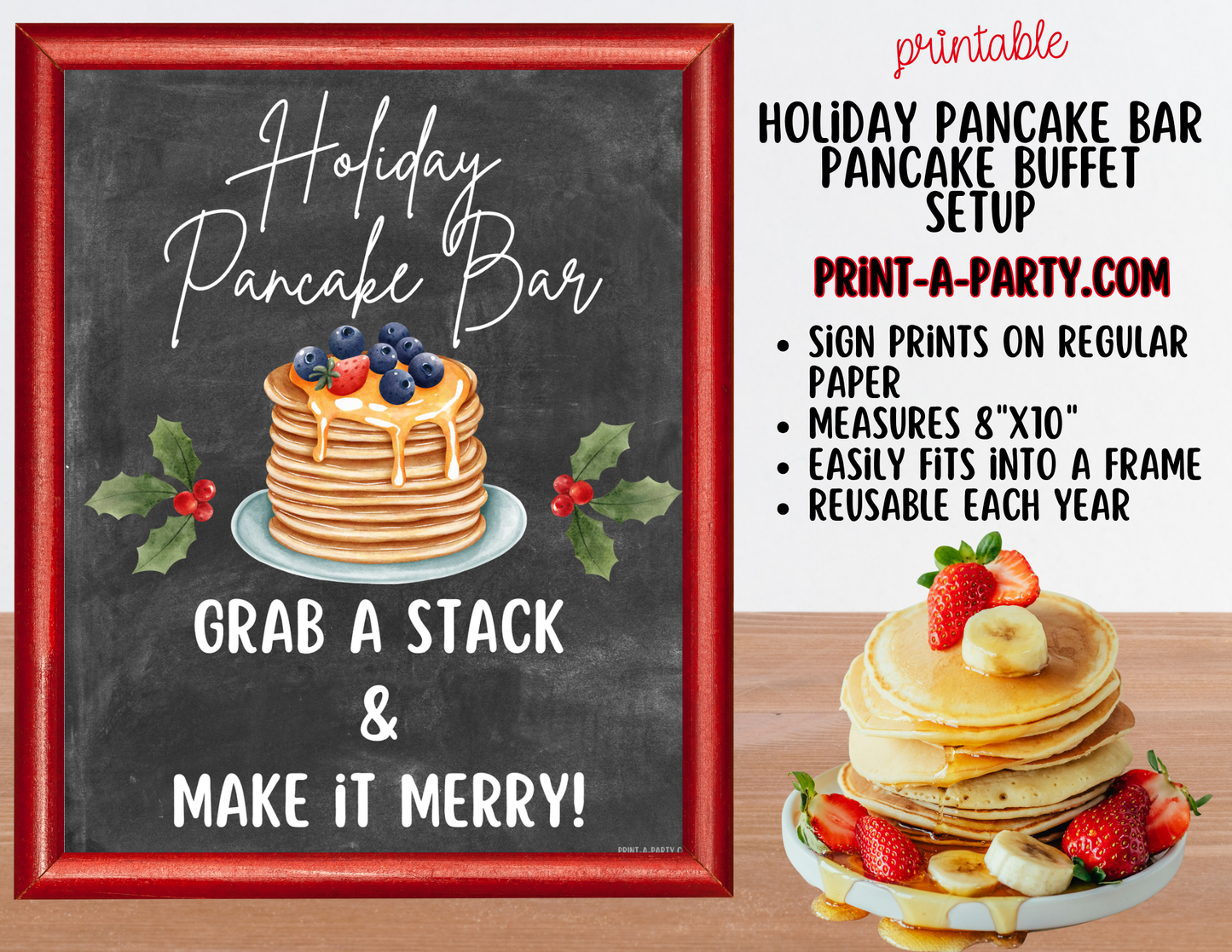 Pancake Bar Sign (8x10) + Topping Tent Cards - Printable Christmas Holiday Brunch Buffet Decor