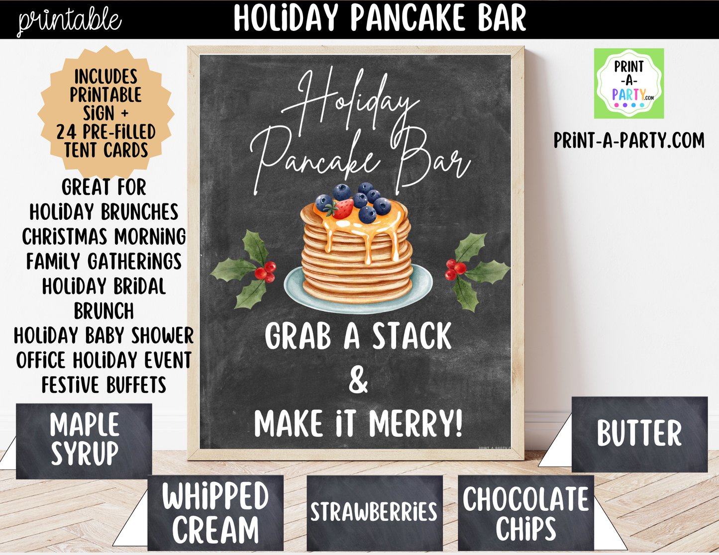Pancake Bar Sign (8x10) + Topping Tent Cards - Printable Christmas Holiday Brunch Buffet Decor