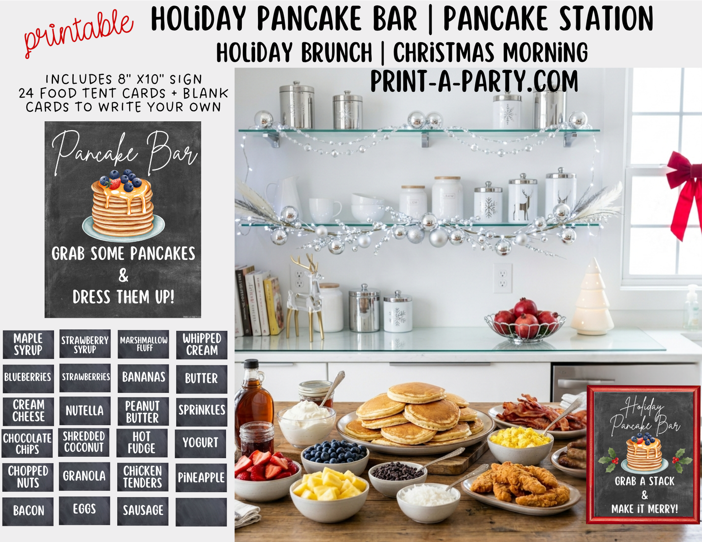Pancake Bar Sign (8x10) + Topping Tent Cards - Printable Christmas Holiday Brunch Buffet Decor
