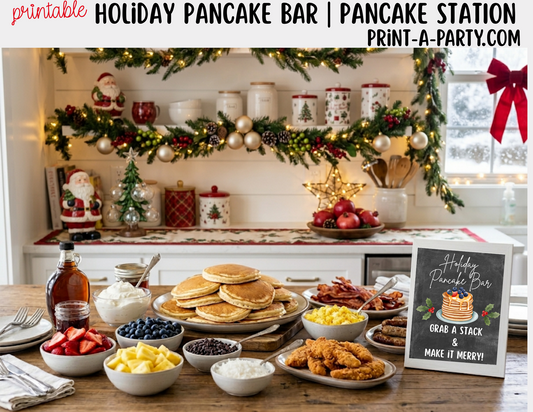 Pancake Bar Sign (8x10) + Topping Tent Cards - Printable Christmas Holiday Brunch Buffet Decor