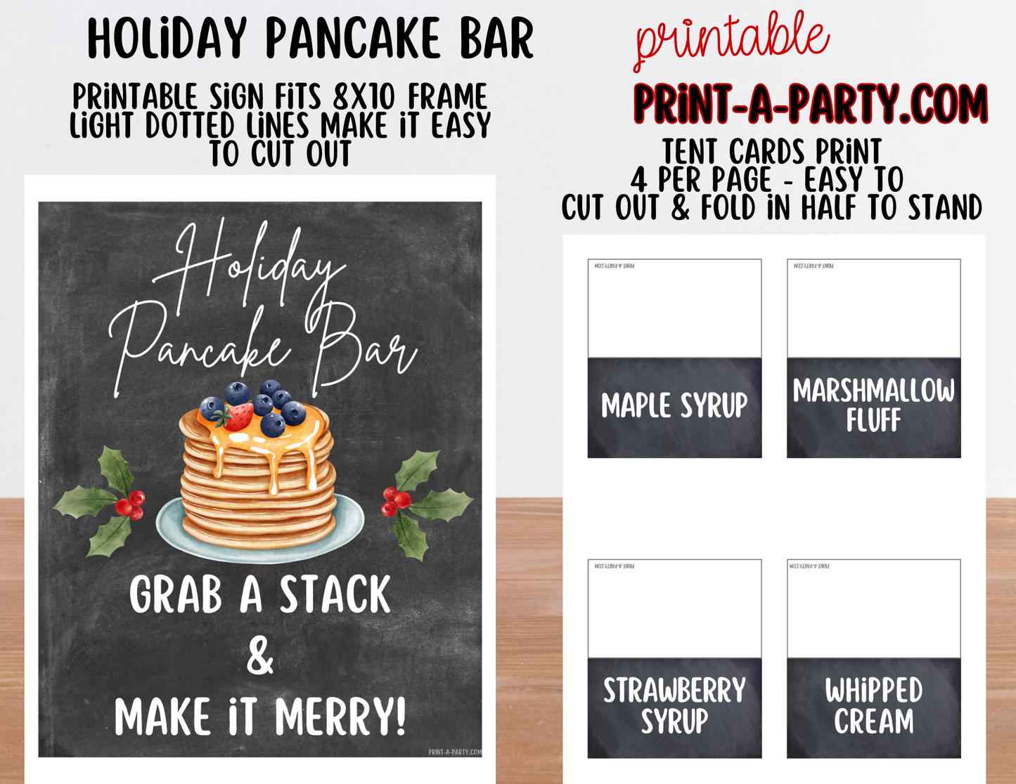 Pancake Bar Sign (8x10) + Topping Tent Cards - Printable Christmas Holiday Brunch Buffet Decor