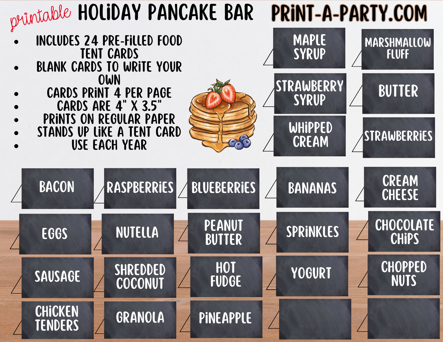 Pancake Bar Sign (8x10) + Topping Tent Cards - Printable Christmas Holiday Brunch Buffet Decor