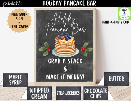 Holiday Pancake Bar Printable Kit | Sign and Topping Tent Cards | Chalkboard