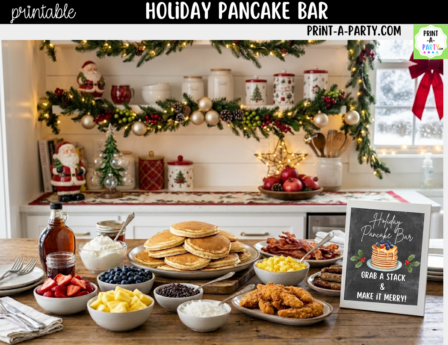 Holiday Pancake Bar Printable Kit | Sign and Topping Tent Cards | Chalkboard