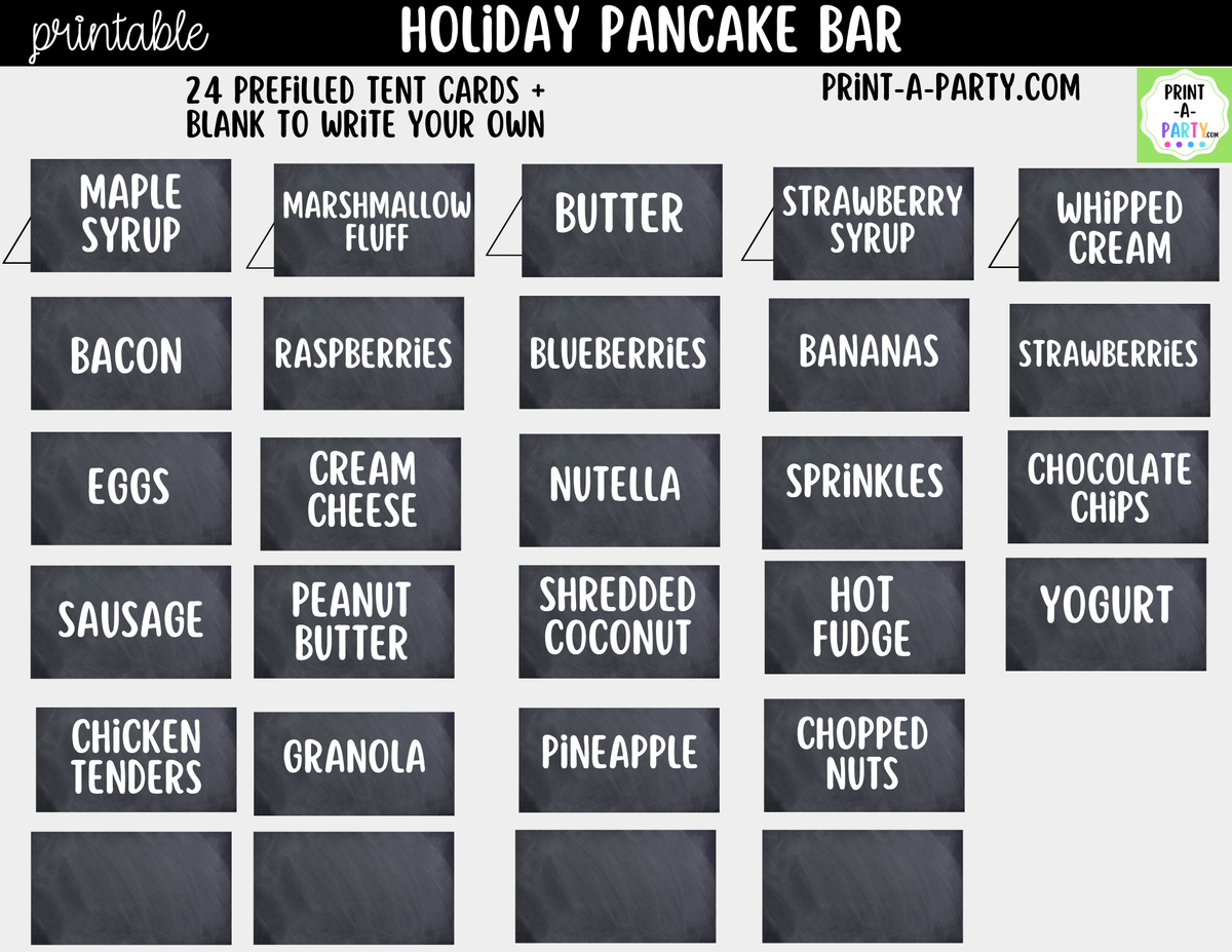 Holiday Pancake Bar Printable Kit | Sign and Topping Tent Cards | Chalkboard