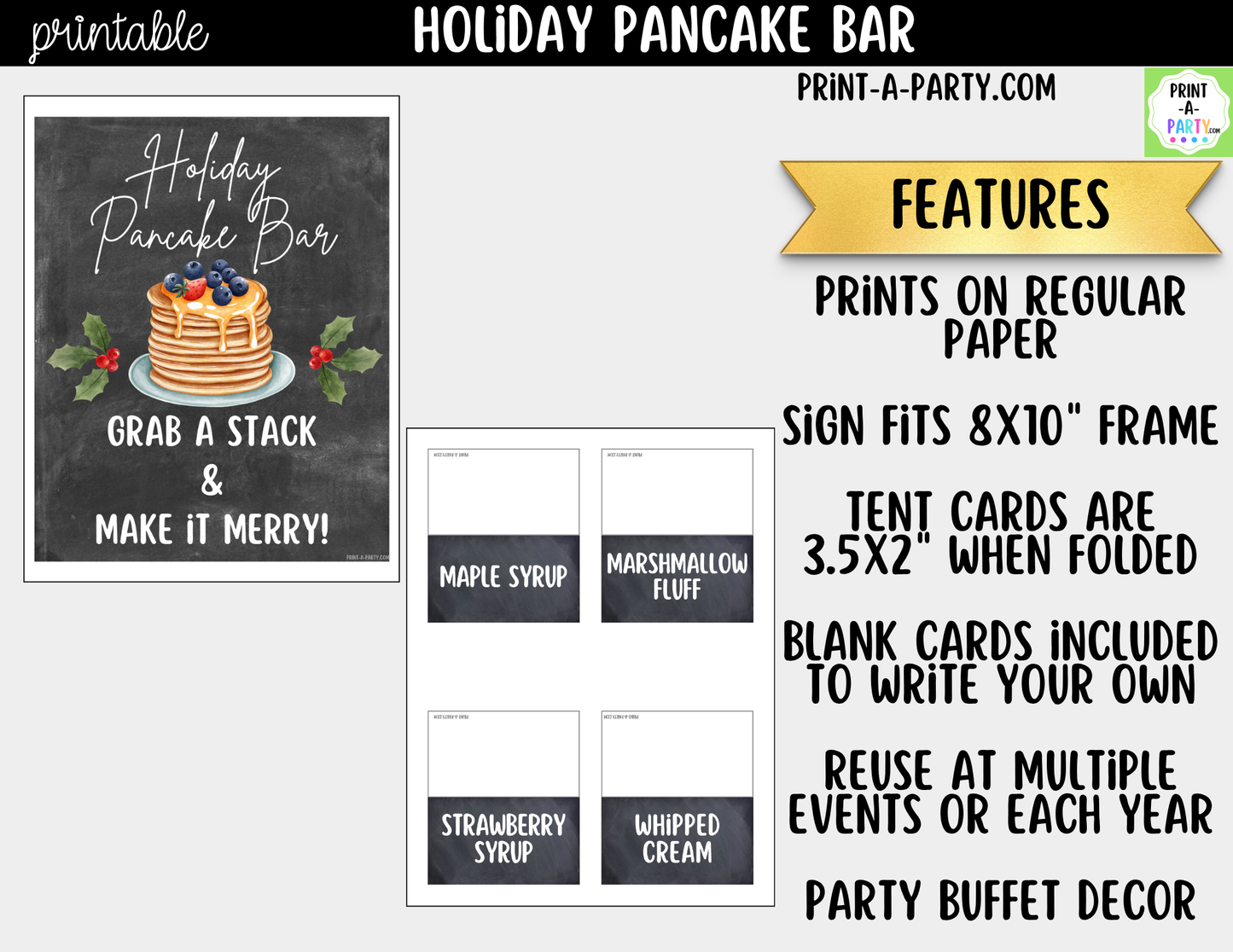 Holiday Pancake Bar Printable Kit | Sign and Topping Tent Cards | Chalkboard