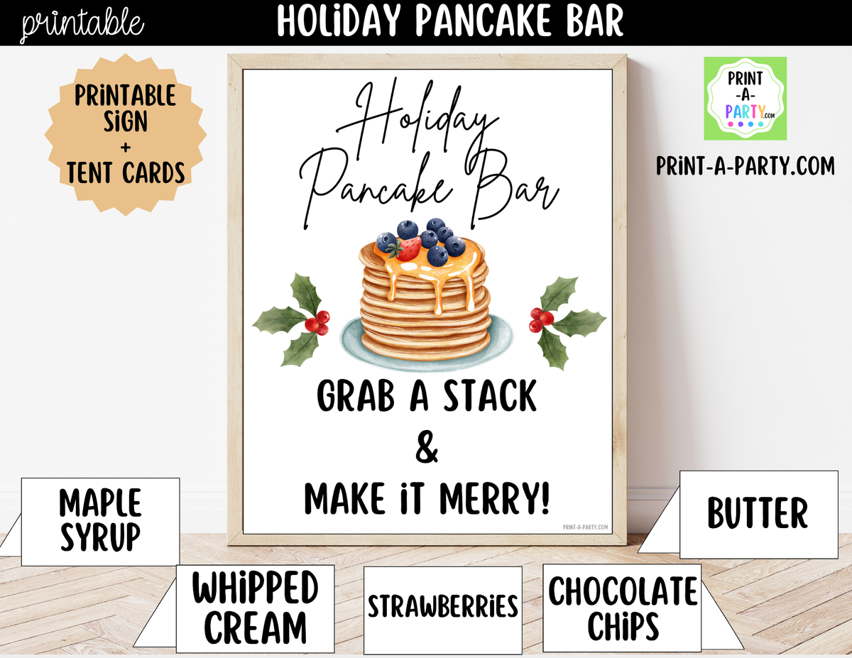 Holiday Pancake Bar Printable Kit | Sign and Topping Tent Cards | White