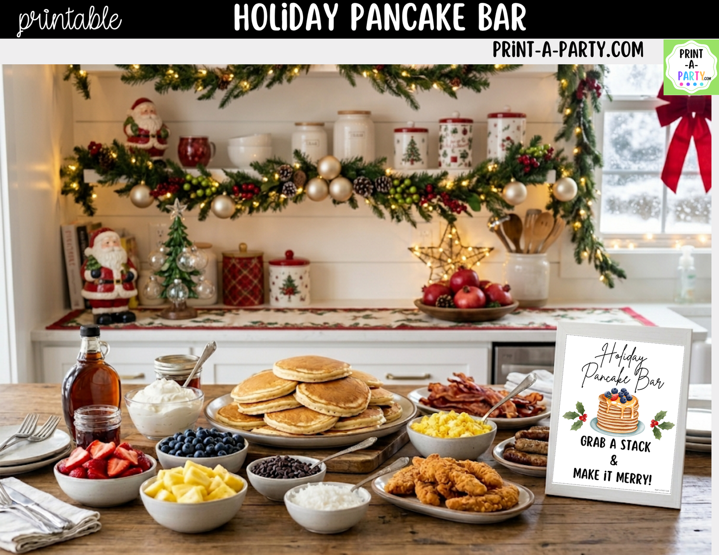 Holiday Pancake Bar Printable Kit | Sign and Topping Tent Cards | White