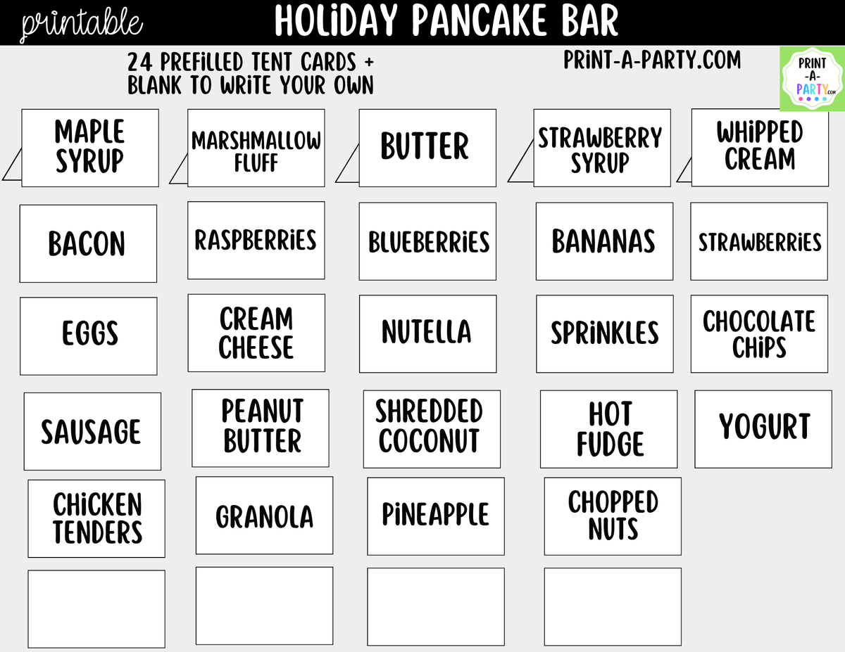 Holiday Pancake Bar Printable Kit | Sign and Topping Tent Cards | White