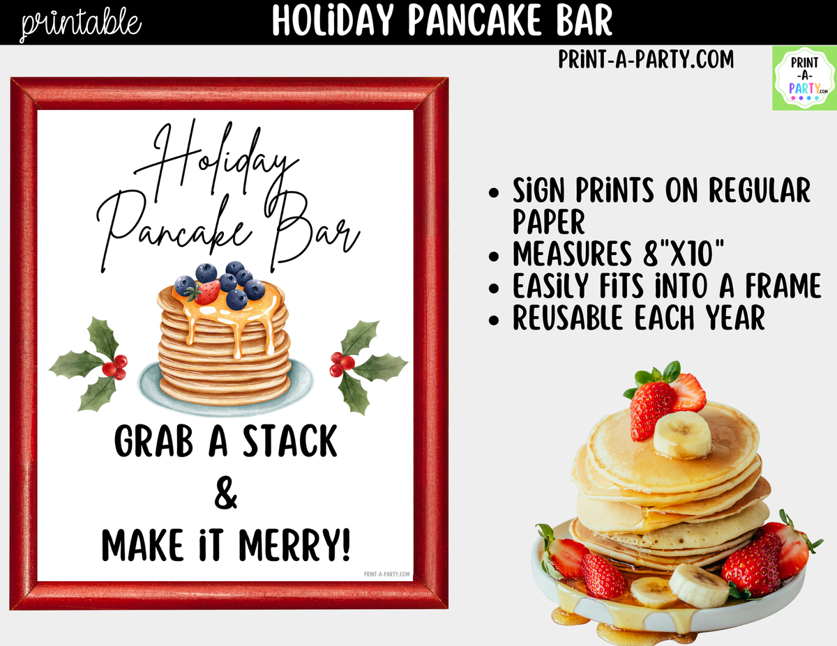 Holiday Pancake Bar Printable Kit | Sign and Topping Tent Cards | White