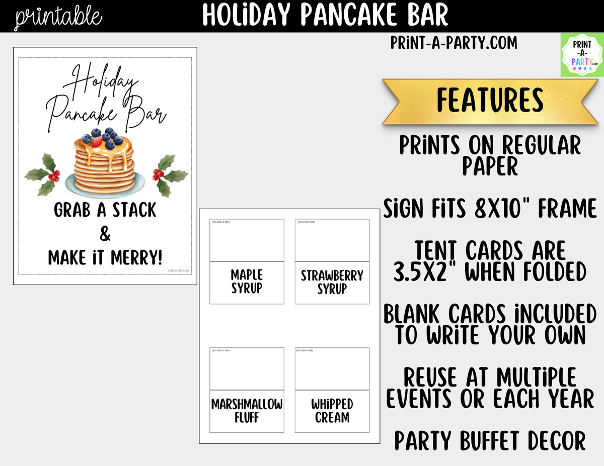 Holiday Pancake Bar Printable Kit | Sign and Topping Tent Cards | White