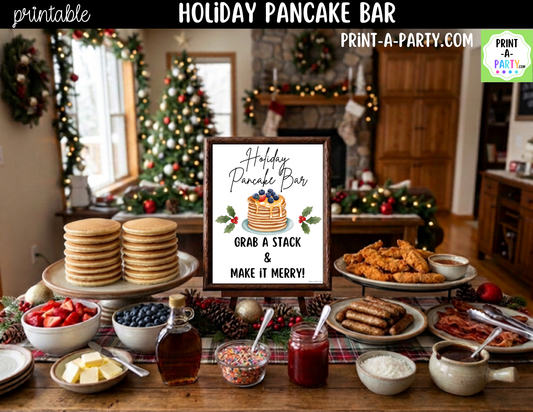 Holiday Pancake Bar Printable Kit | Sign and Topping Tent Cards | White
