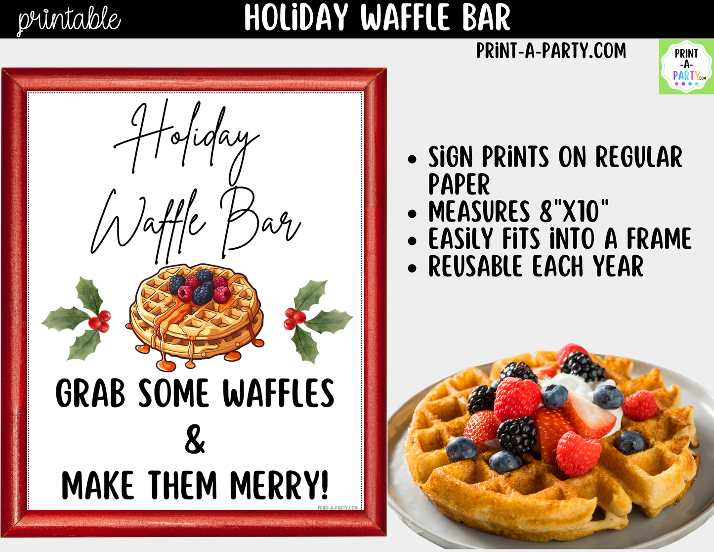 Holiday Waffle Bar Printable Kit | Sign and Topping Tent Cards | White