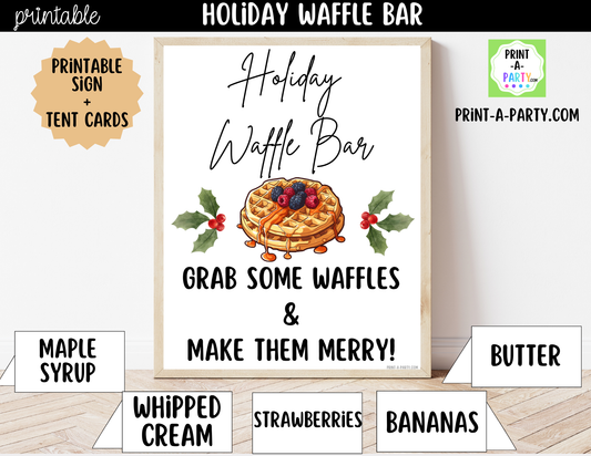 Holiday Waffle Bar Printable Kit | Sign and Topping Tent Cards | White