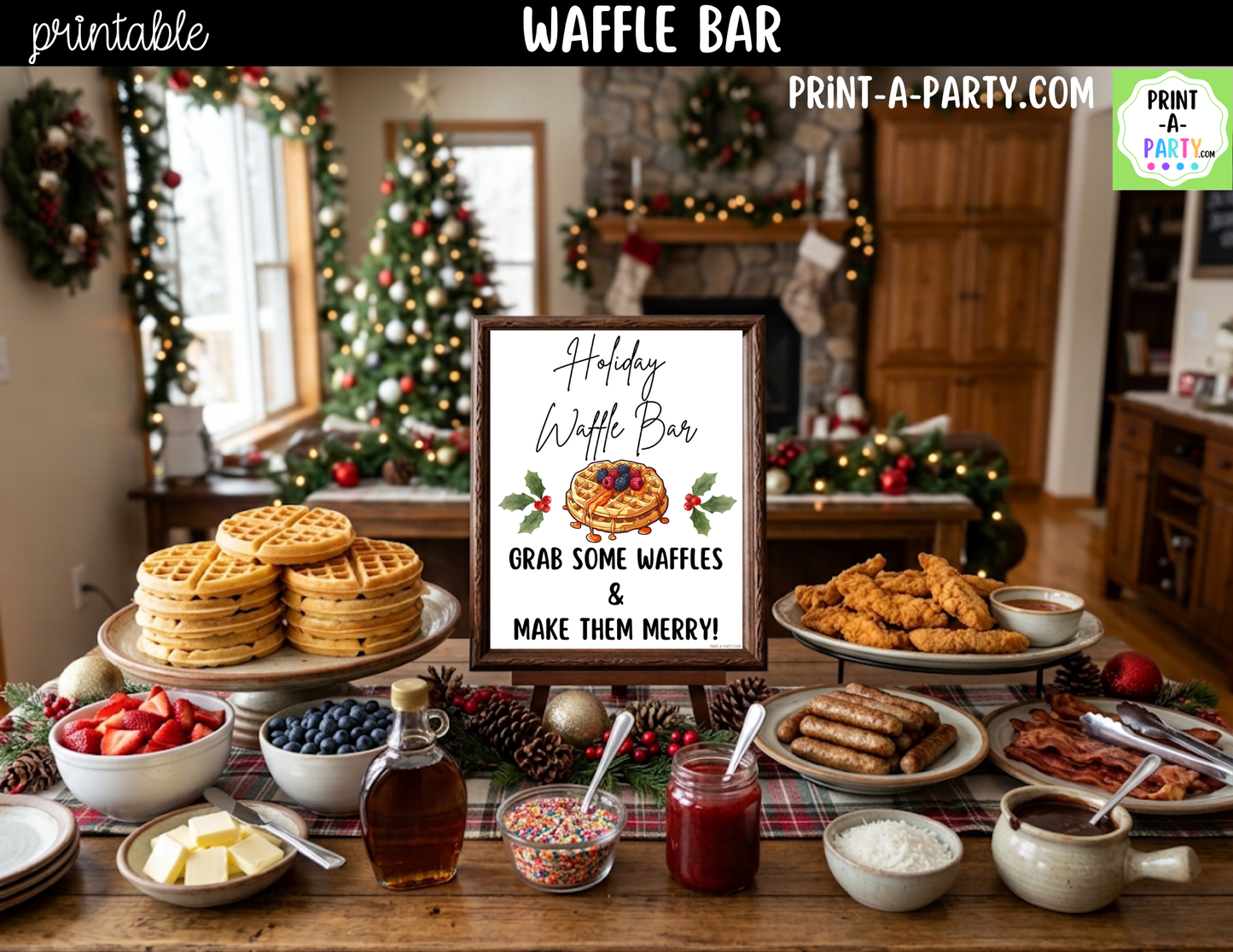 Holiday Waffle Bar Printable Kit | Sign and Topping Tent Cards | White