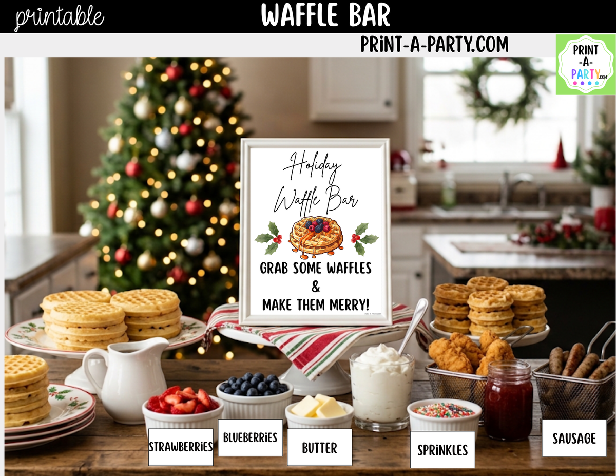 Holiday Waffle Bar Printable Kit | Sign and Topping Tent Cards | White