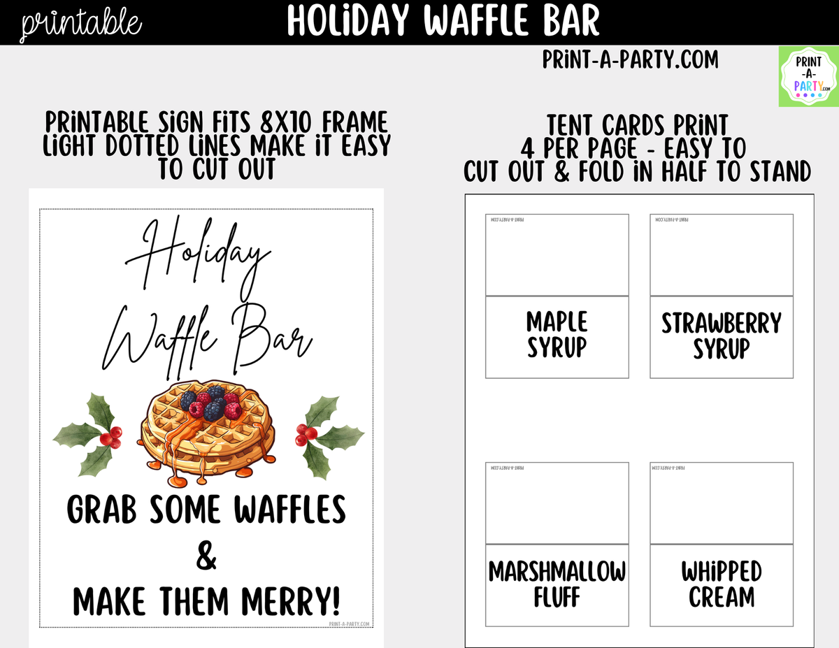 Holiday Waffle Bar Printable Kit | Sign and Topping Tent Cards | White