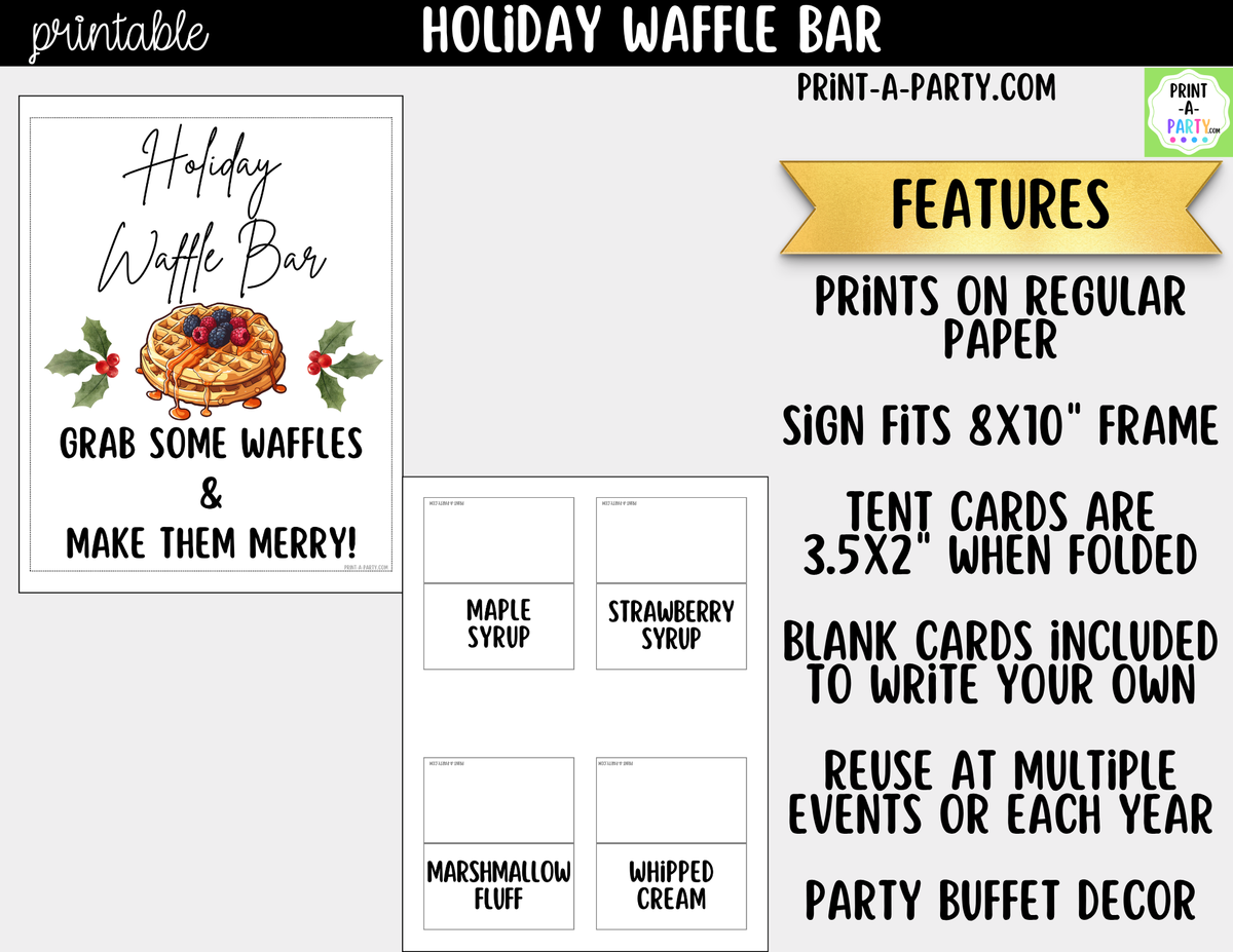 Holiday Waffle Bar Printable Kit | Sign and Topping Tent Cards | White