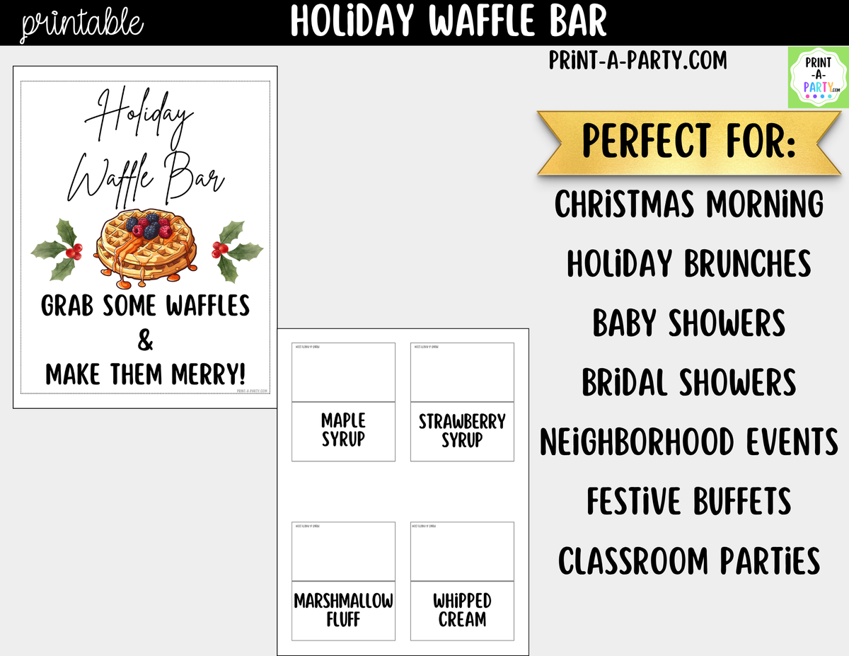 Holiday Waffle Bar Printable Kit | Sign and Topping Tent Cards | White