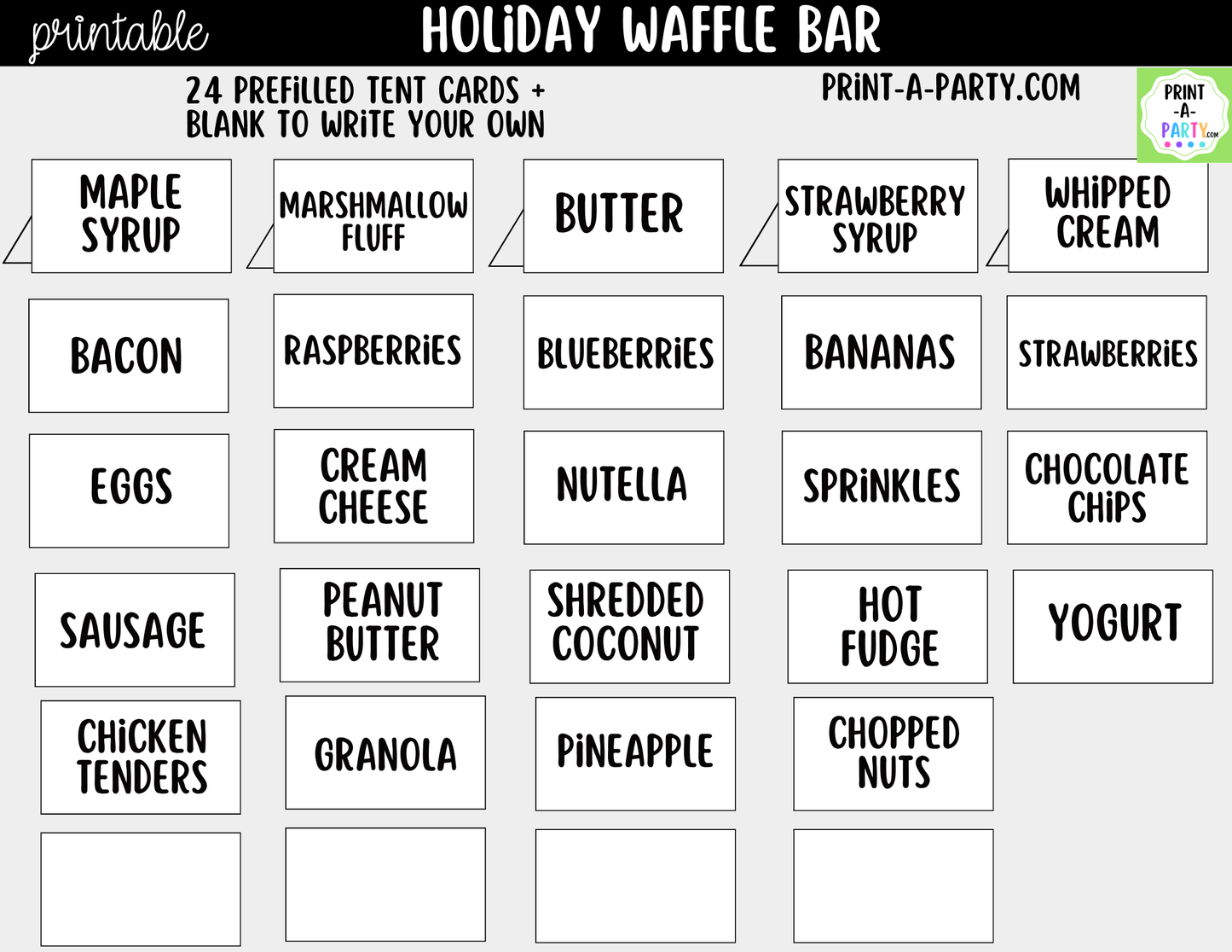 Holiday Waffle Bar Printable Kit | Sign and Topping Tent Cards | White