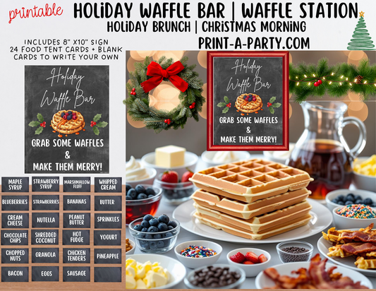 WAFFLE BAR - Printable Christmas Waffle Bar Setup – Holiday Breakfast Bar Sign & Tent Cards