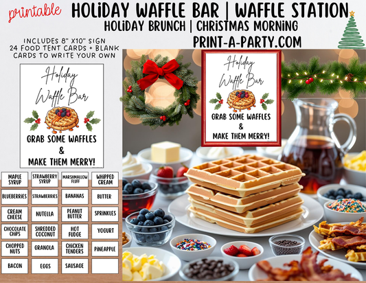 WAFFLE BAR - Printable Christmas Waffle Bar Setup – Holiday Breakfast Bar Sign & Tent Cards