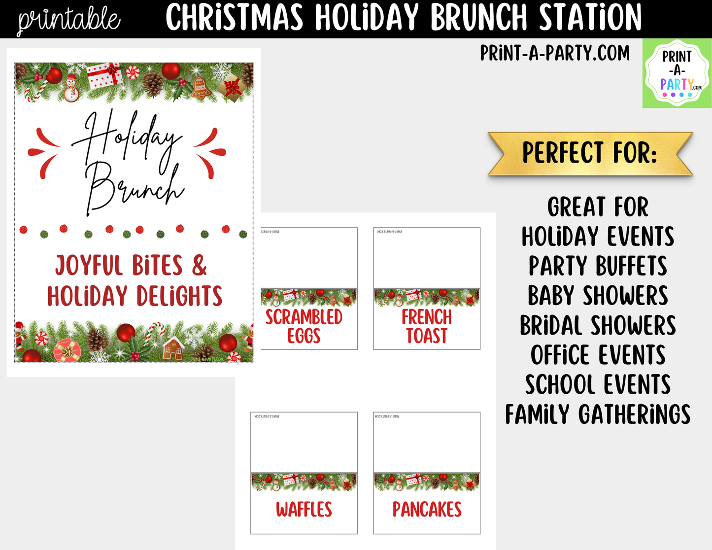 Christmas Brunch Bar Printable Kit | Sign and Food Tent Cards