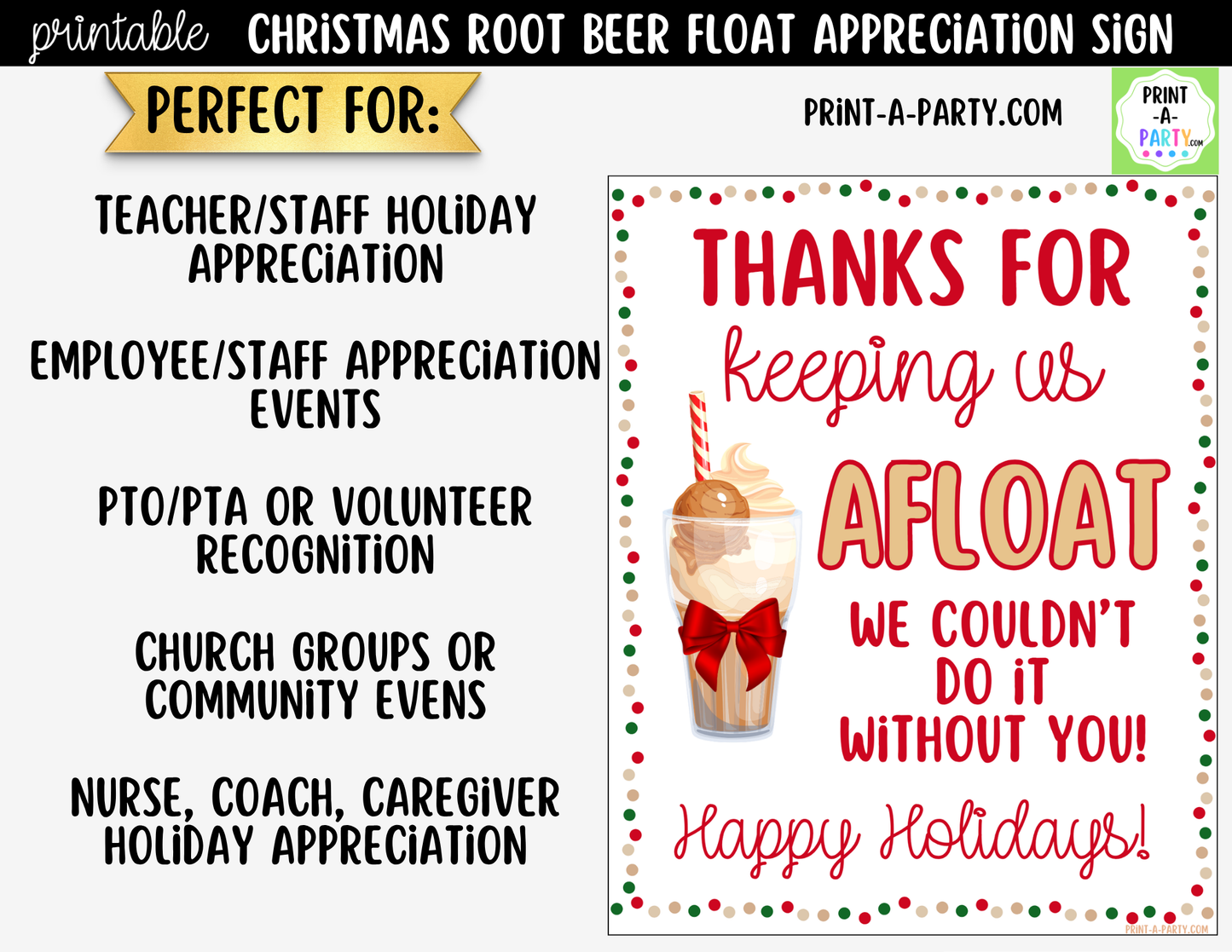 Root Beer Float Bar Sign Printable | Holiday Appreciation Sign for Teacher, Staff & Employee