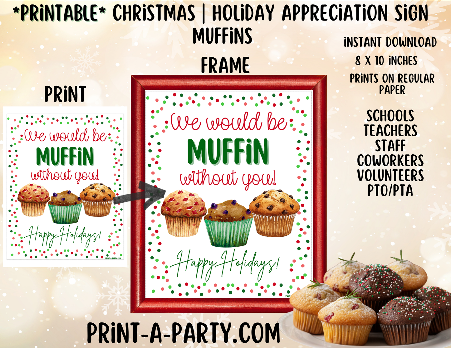 Appreciation Sign: Holiday Printable Christmas MUFFIN Appreciation Sign – Festive 8x10 Holiday Decor for Staff, Teachers & Volunteers
