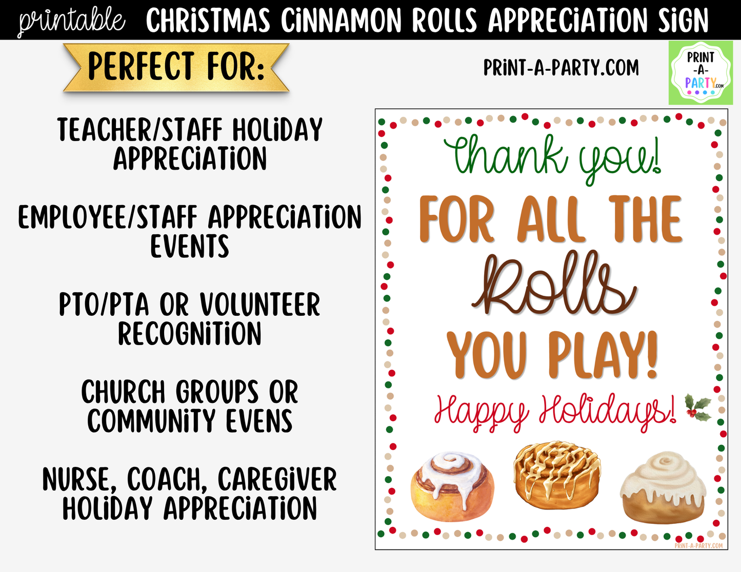 Christmas Cinnamon Rolls Appreciation Sign Printable | Teacher & Staff Holiday Thank You
