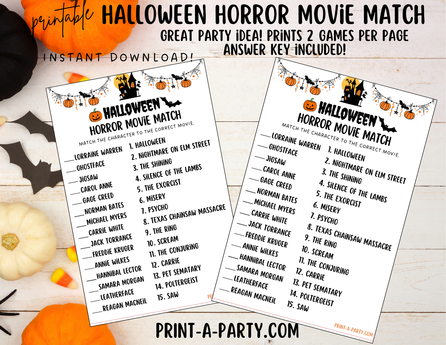 HALLOWEEN HORROR MOVIE MATCHING GAME: Halloween Game | Halloween Activity | Halloween Party Idea