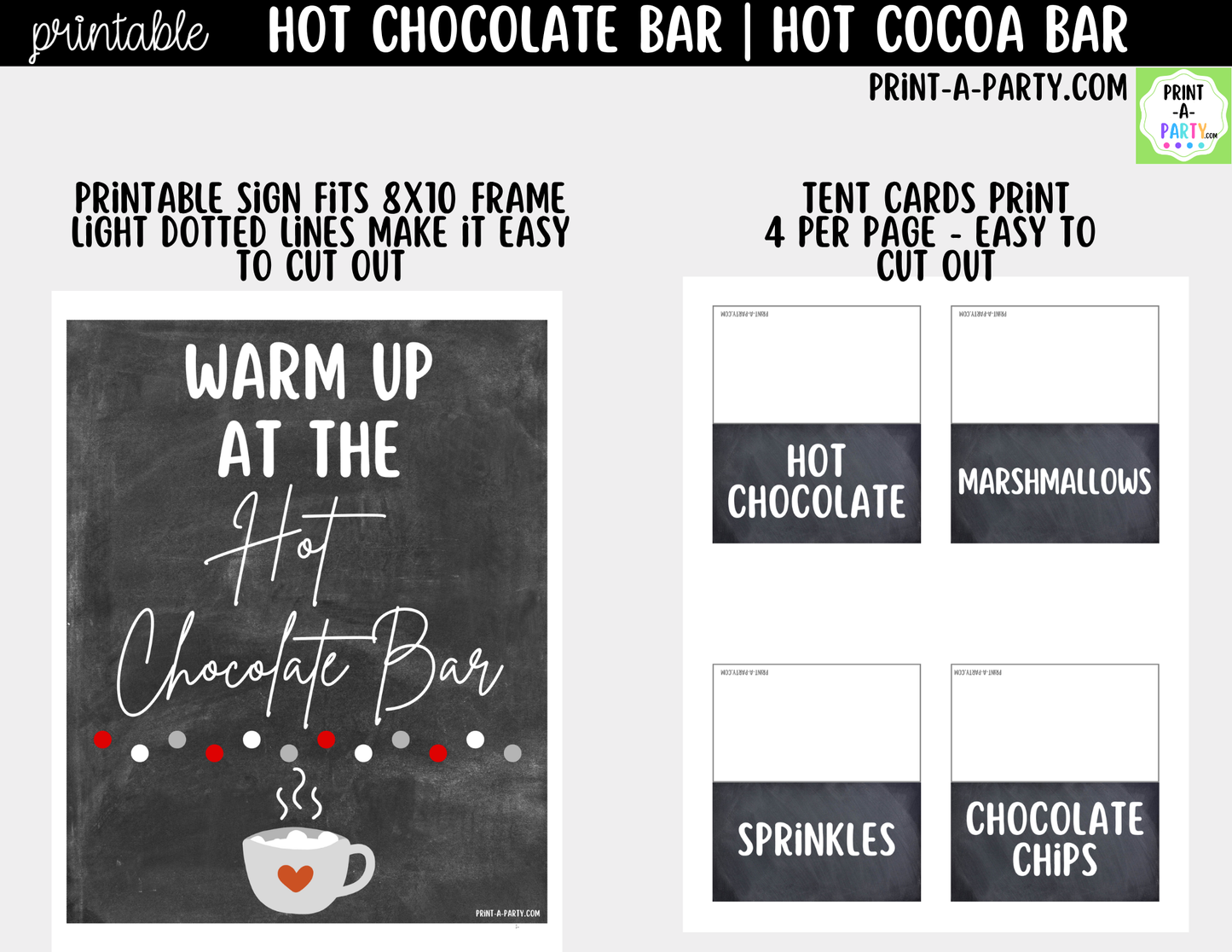 Hot Chocolate Bar Printable Kit | Sign and Topping Tent Cards | Chalkboard