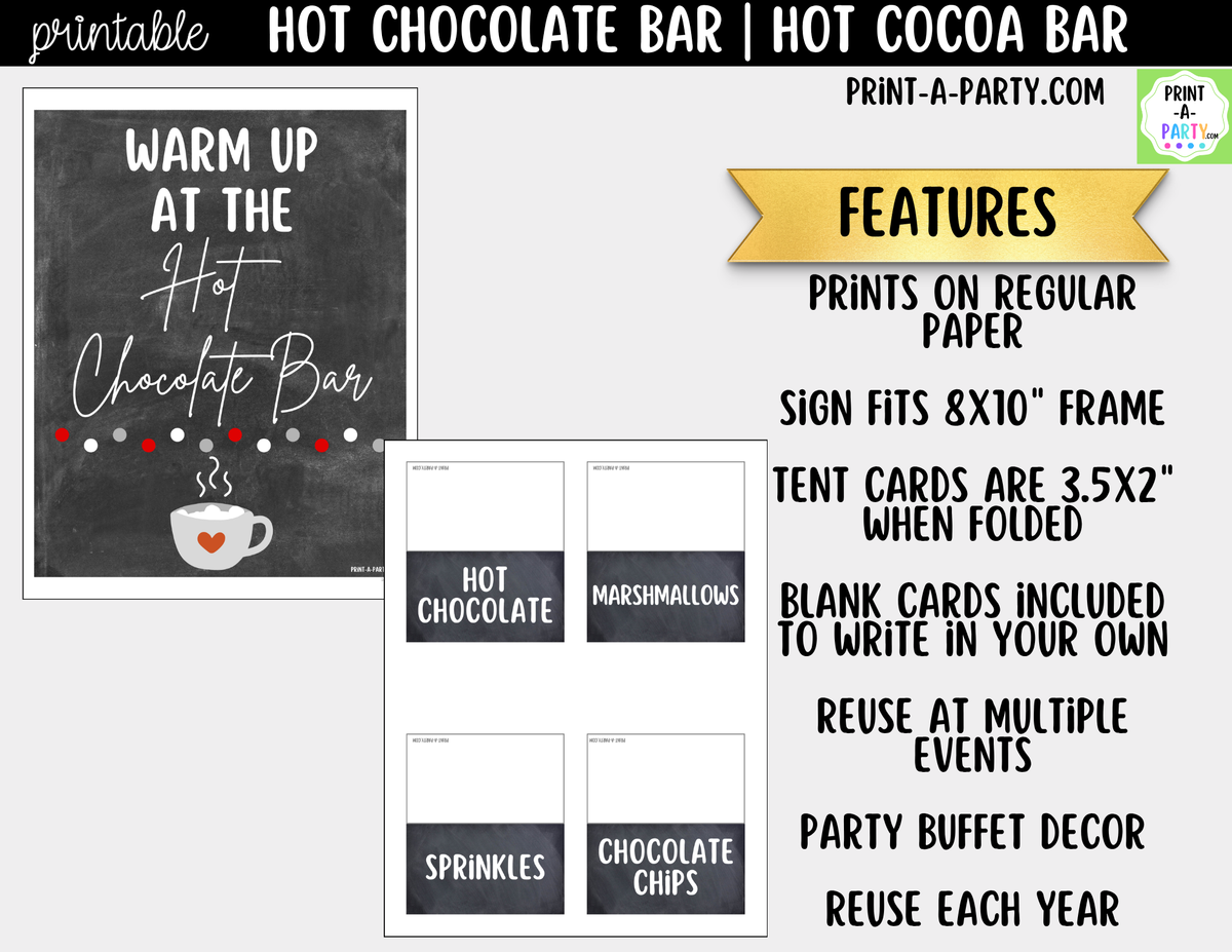 Hot Chocolate Bar Printable Kit | Sign and Topping Tent Cards | Chalkboard