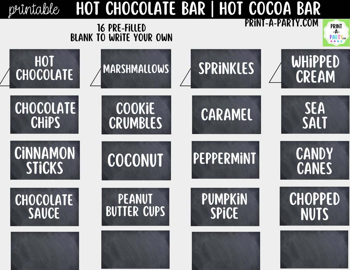 Hot Chocolate Bar Printable Kit | Sign and Topping Tent Cards | Chalkboard