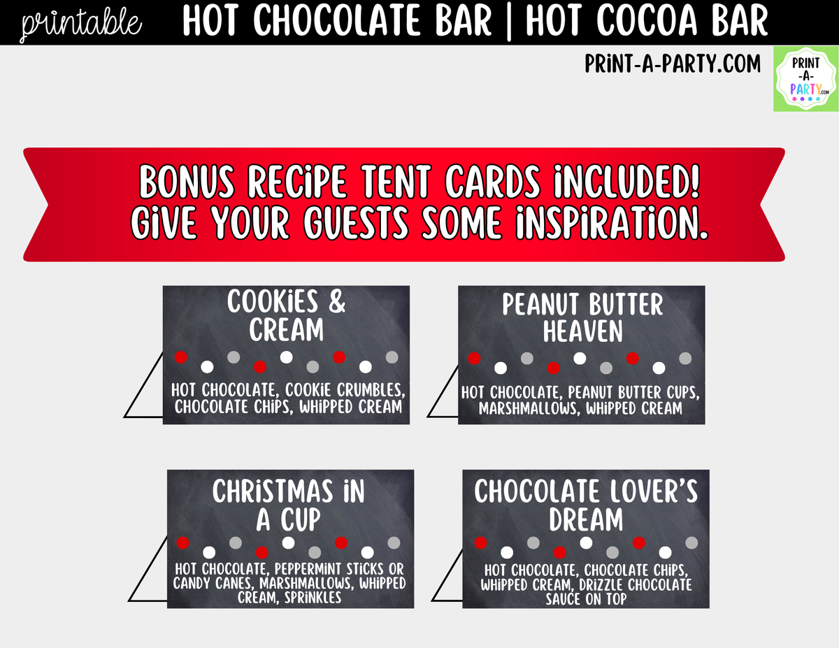 Hot Chocolate Bar Printable Kit | Sign and Topping Tent Cards | Chalkboard