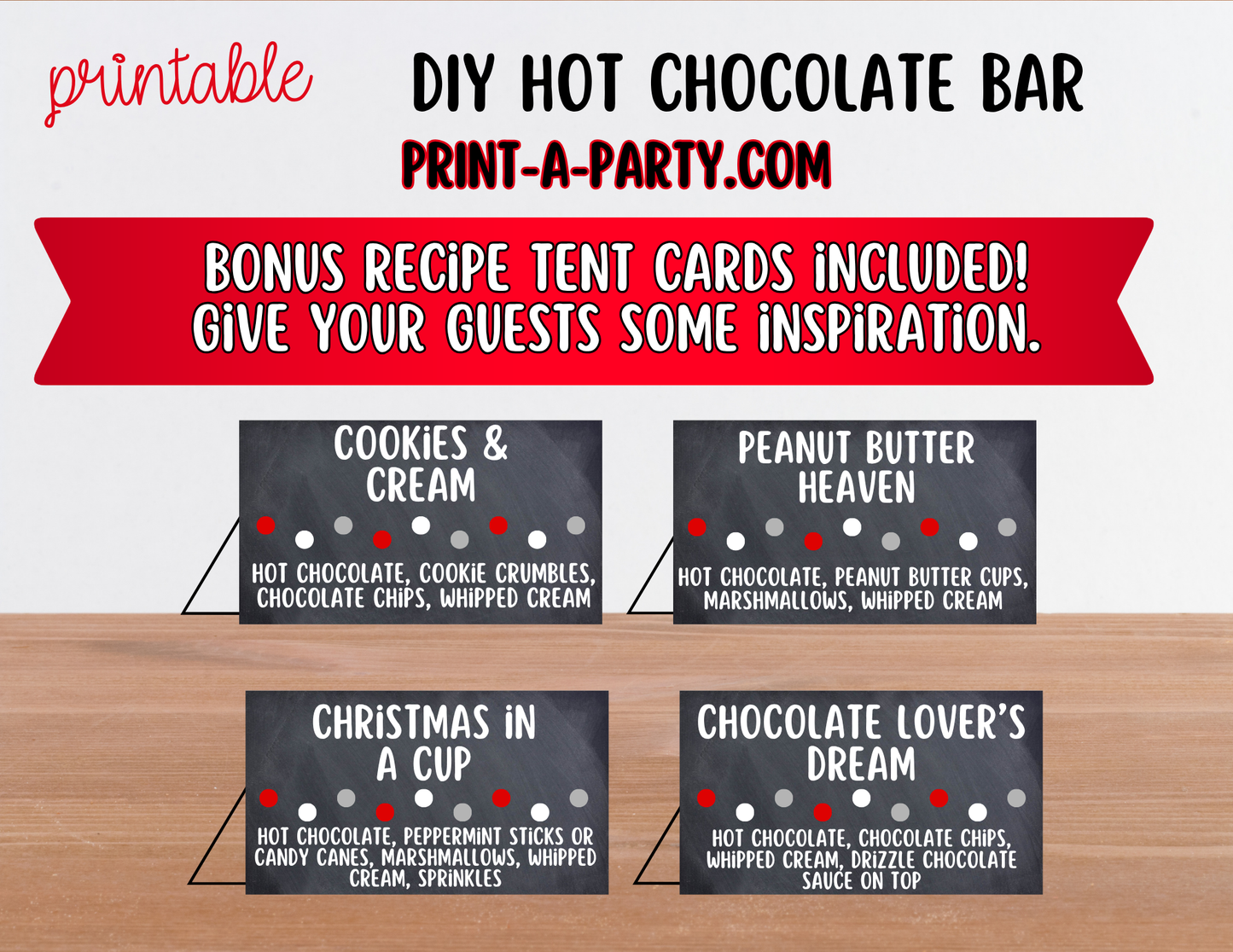 Hot Chocolate Bar Printable Sign (8x10) + Topping Tent Cards - Fall Winter Parties + Events