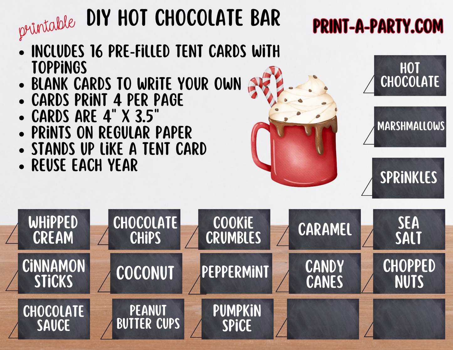Hot Chocolate Bar Printable Sign (8x10) + Topping Tent Cards - Fall Winter Parties + Events