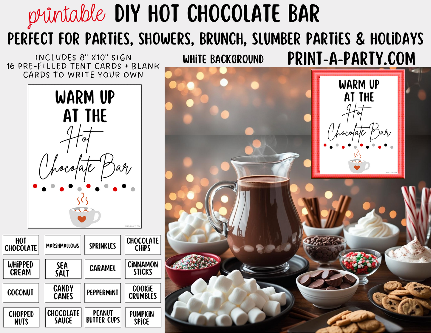HOT CHOCOLATE BAR - Printable Hot Cocoa Bar White – Perfect for Fall or Winter Parties, Showers, Slumber Parties, Brunch, Holidays & Classrooms!