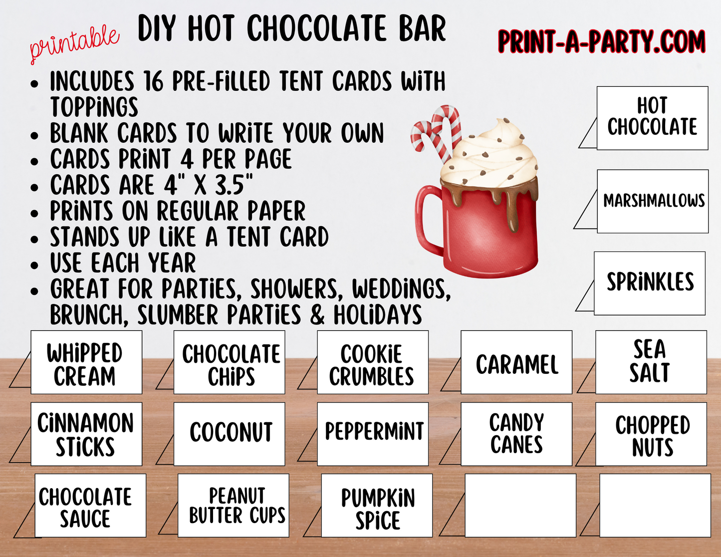 HOT CHOCOLATE BAR - Printable Hot Cocoa Bar White – Perfect for Fall or Winter Parties, Showers, Slumber Parties, Brunch, Holidays & Classrooms!