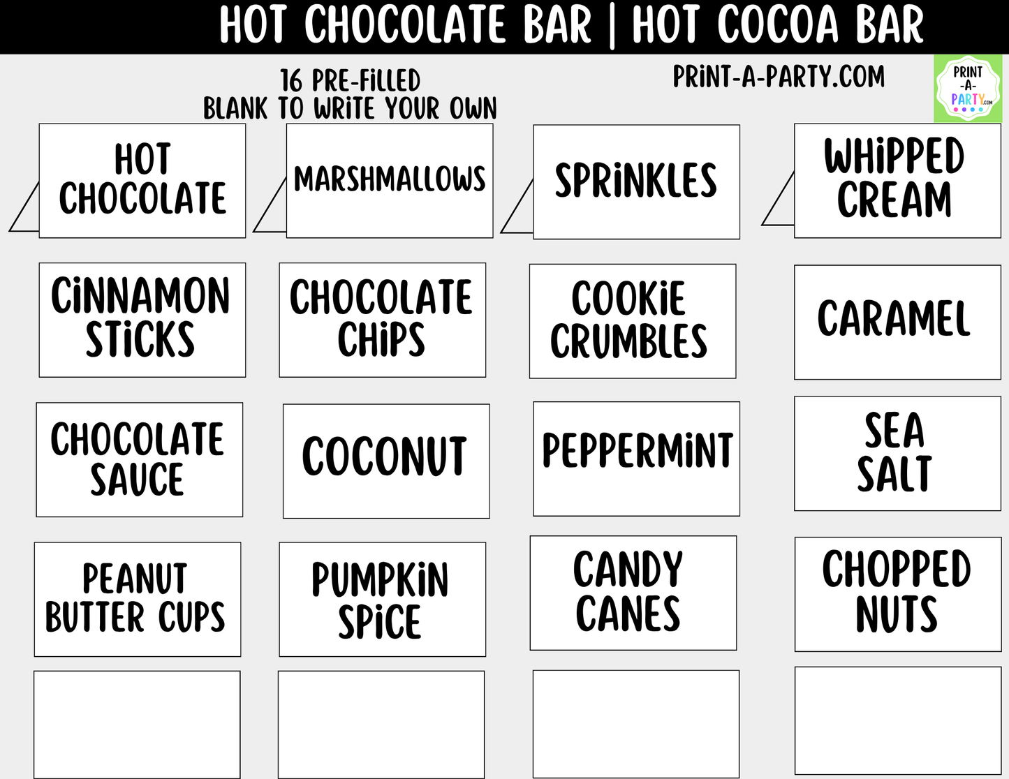 Hot Chocolate Bar Printable Kit | Sign and Topping Tent Cards | White