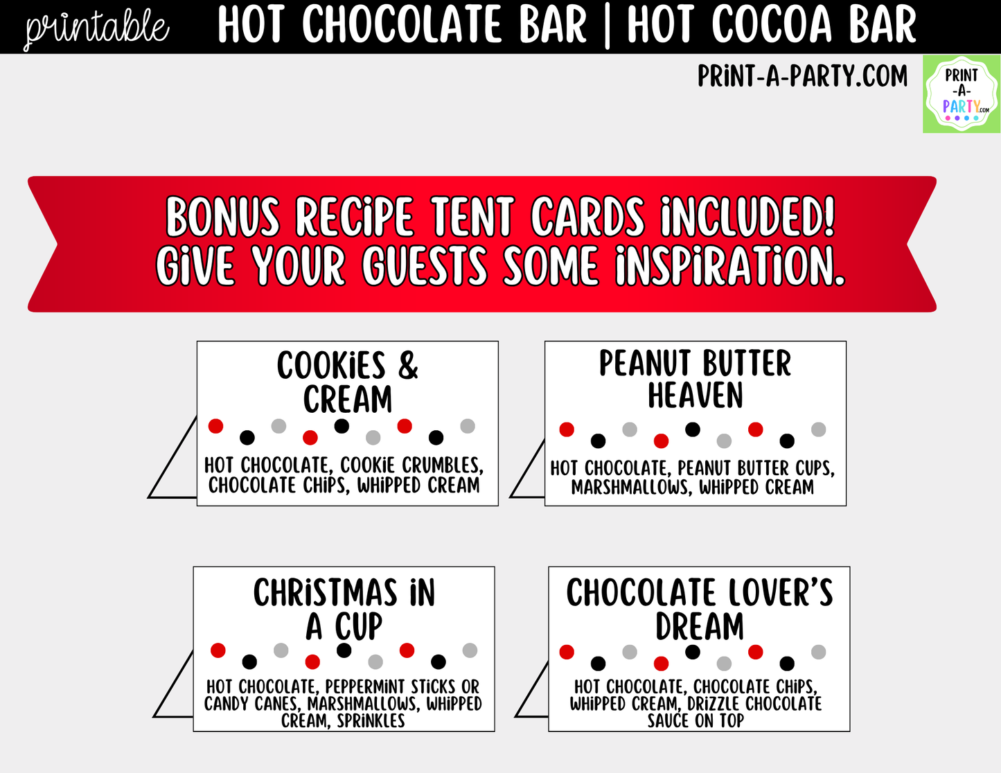 Hot Chocolate Bar Printable Kit | Sign and Topping Tent Cards | White