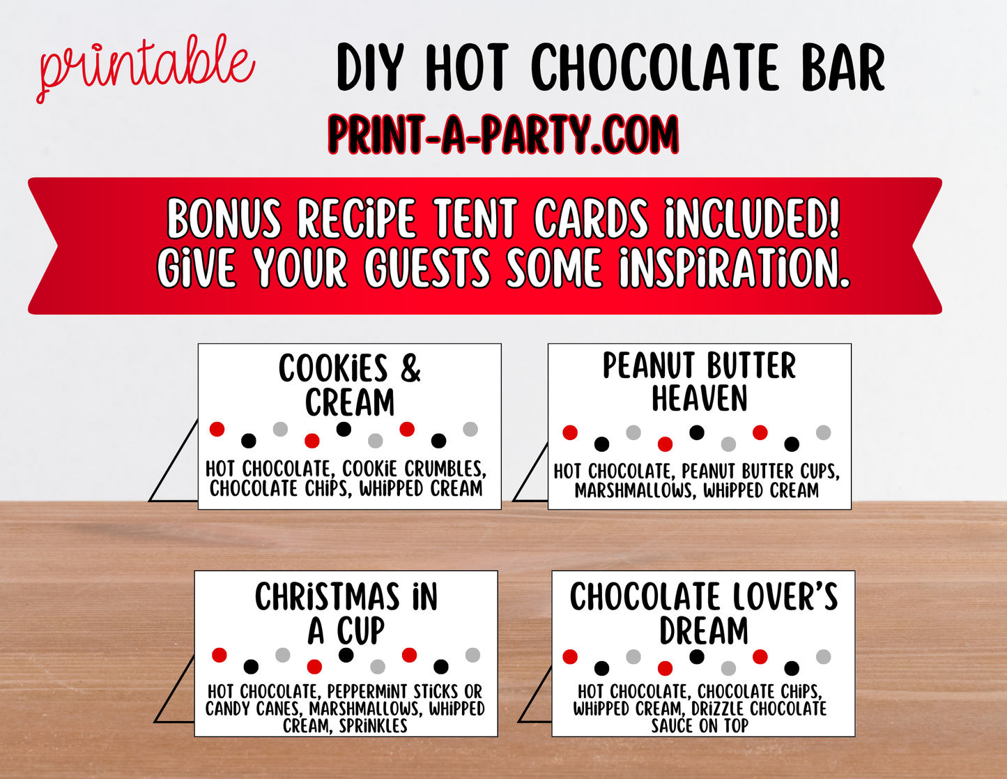 Hot Chocolate Bar Printable Sign (8x10) + Topping Tent Cards - Fall Winter Parties + Events