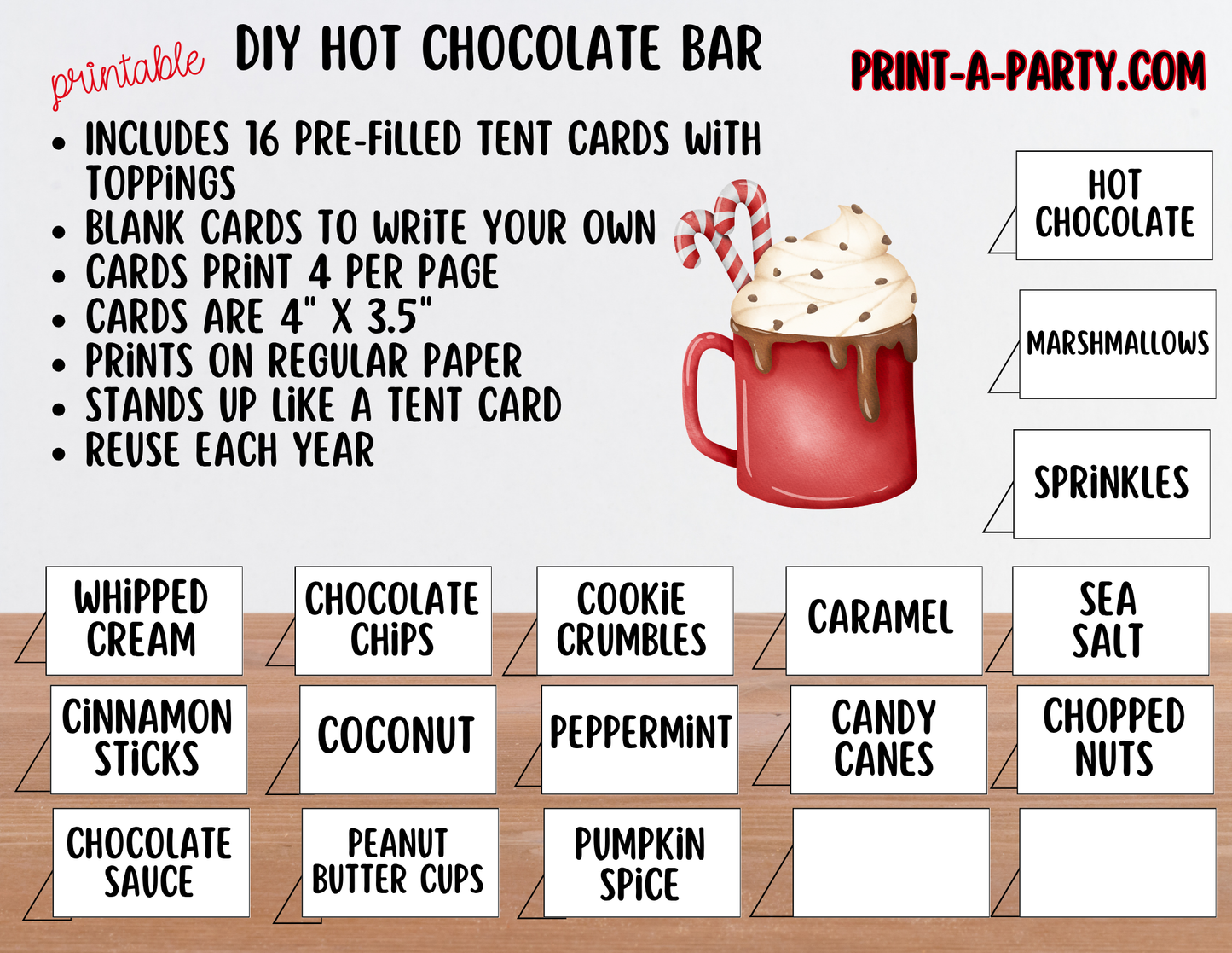 Hot Chocolate Bar Printable Sign (8x10) + Topping Tent Cards - Fall Winter Parties + Events