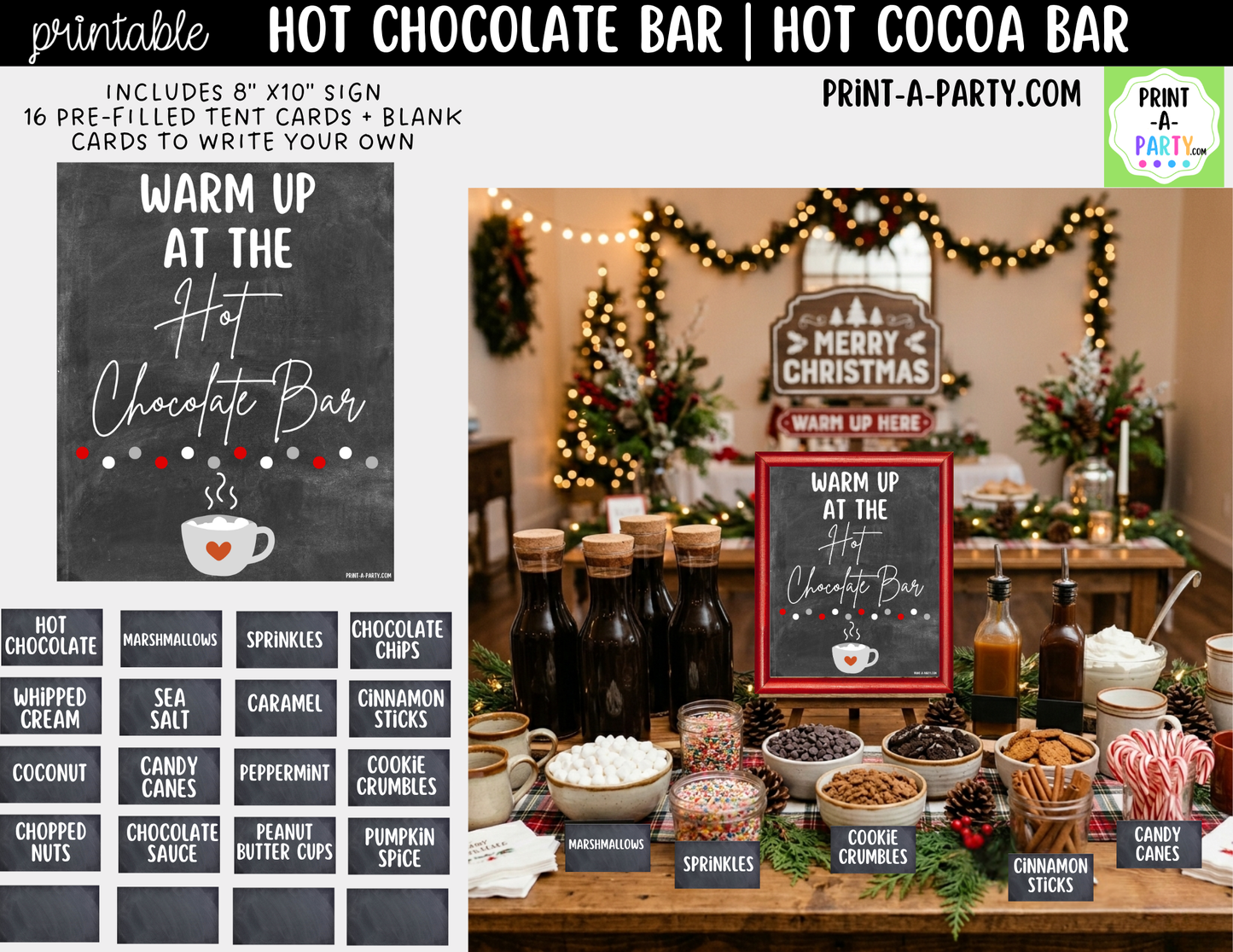 Hot Chocolate Bar Printable Sign (8x10) + Topping Tent Cards - Holiday Fall Winter Parties + Events
