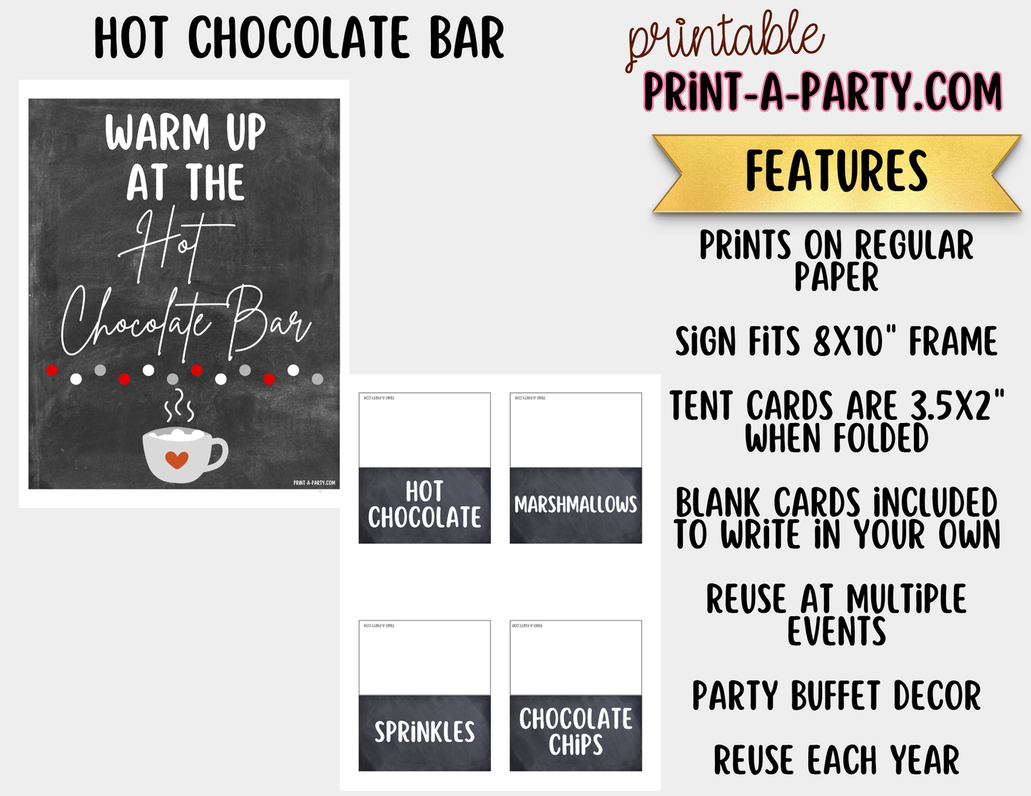 Hot Chocolate Bar Printable Sign (8x10) + Topping Tent Cards - Holiday Fall Winter Parties + Events