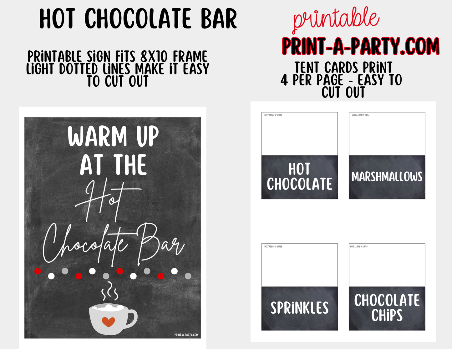 Hot Chocolate Bar Printable Sign (8x10) + Topping Tent Cards - Holiday Fall Winter Parties + Events